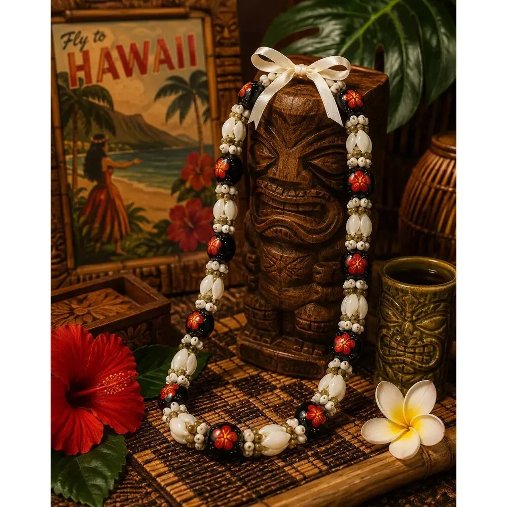 Hawaiian Tropical Hibiscus Floral Beaded Statement Necklace 32 Inch